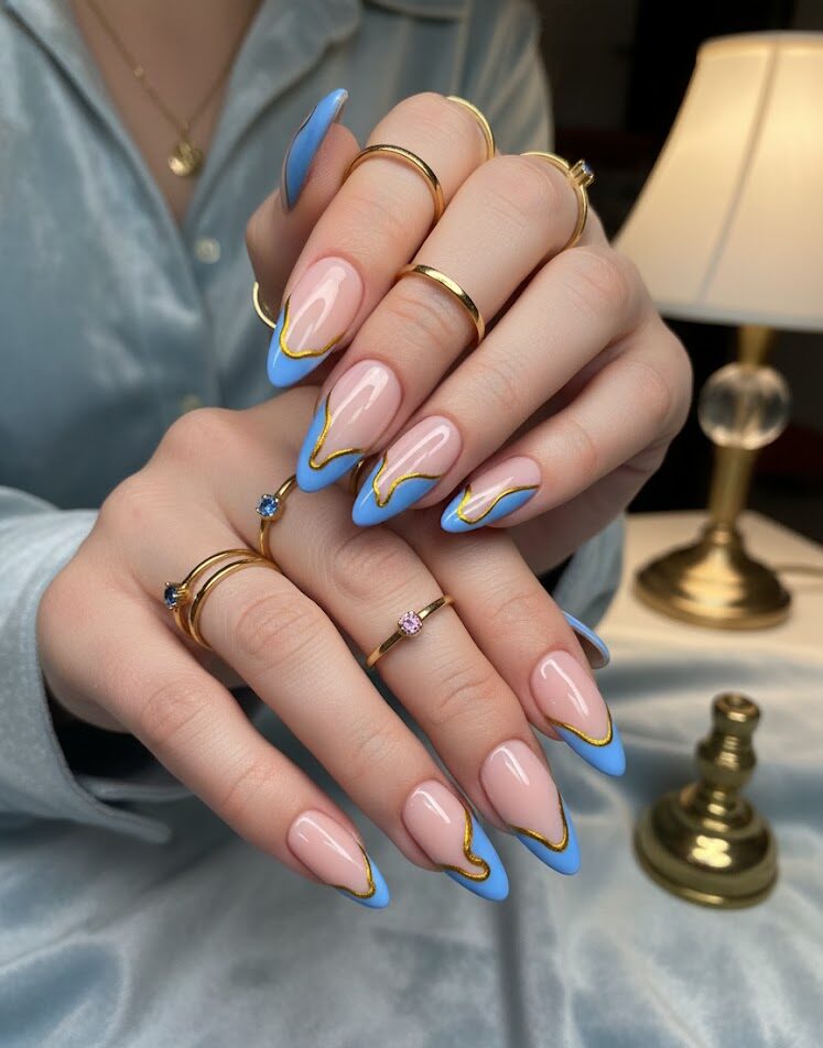 Royal Blue Wave French Tip Nail Set