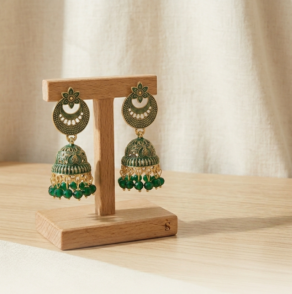 Forest Green Emerald Jhumkas
