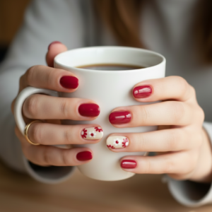 Classic Cherry Red & Flower Accent Short Press-On Nails