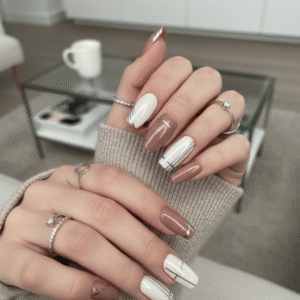 Elegant Mocha Nude & Ivory Minimalist Coffin Press-On Nails