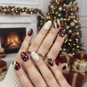 Festive Burgundy & Gold Luxury Almond Press-On Nails