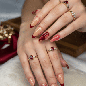 Royal Nude & Deep Red Gem Accent Almond Press-On Nails